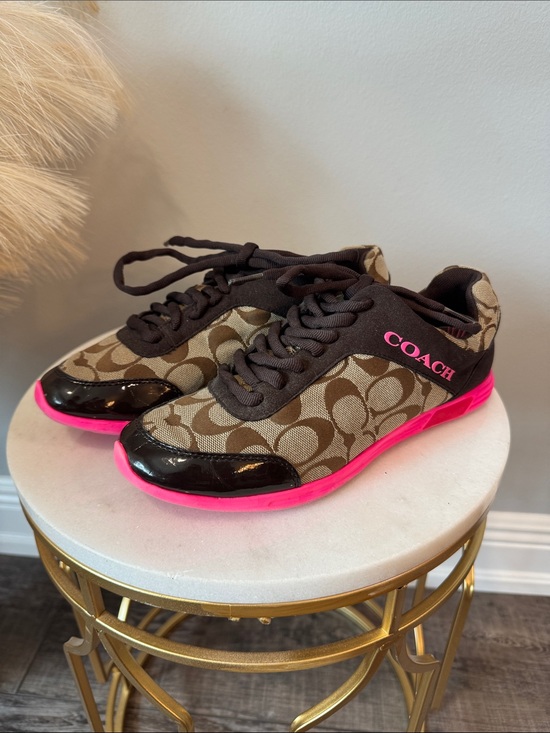Coach Shoes - Coach Brown Signature Canvas Sneakers with Hot Pink Sole